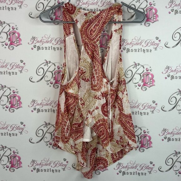 U2B tank top racer back floral Paisley Print Sleeveless Top red cream white - Picture 2 of 9